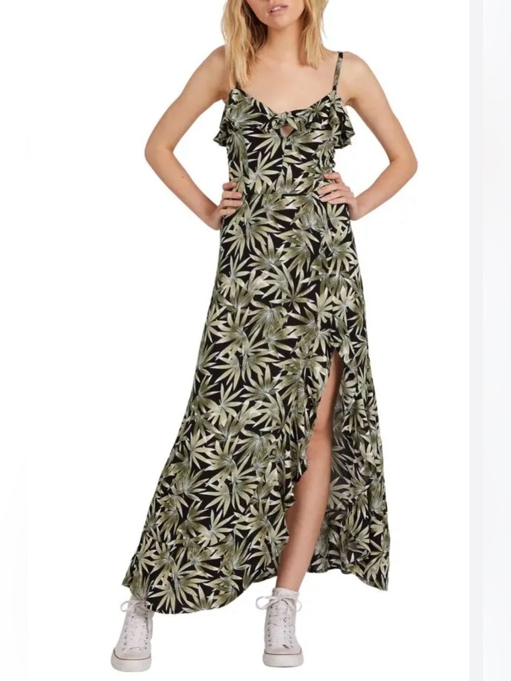 Volcom Black Maxi Dress with Olive Leaf Print & Spaghetti Straps 952